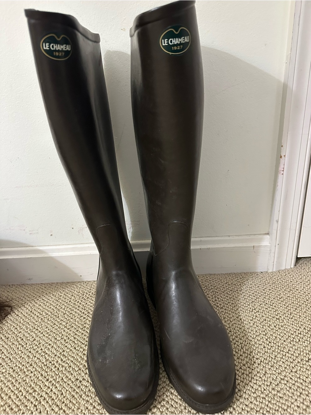 le chateau Dark Brown Rubber Boots with Green and Gold Logo